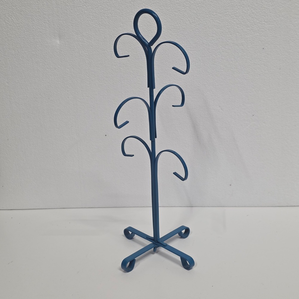 Vtg Blue Metal Mug Tree 6 Hook Coffee Cup Holder Jewelry Stand Japan 14" cottage